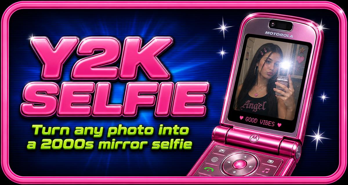 Y2KSelfie.ai preview with a pink flip phone and early-2000s mirror selfie styling