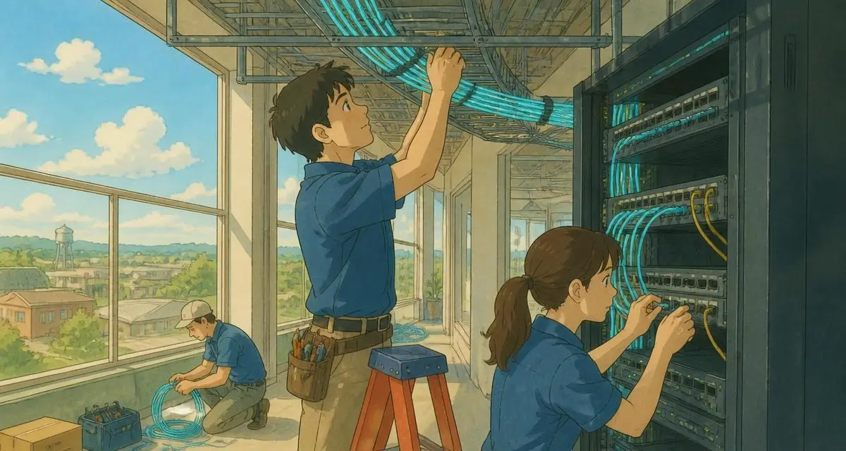 Illustration of technicians routing fiber optic cable and patching a network rack inside a bright commercial building