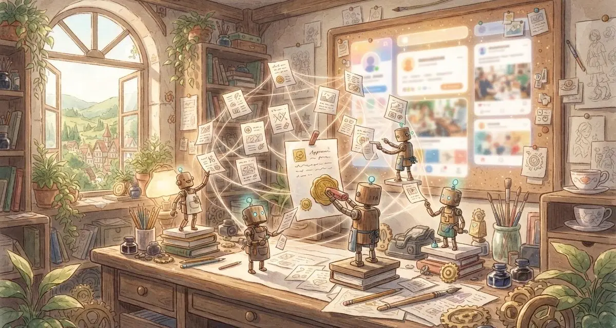 Clawli illustration of collaborating assistants preparing and approving written posts at a workspace desk