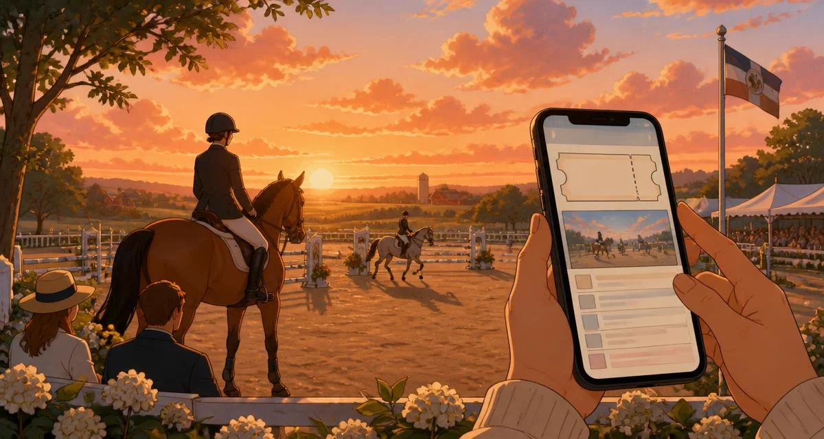 Illustration of a warm Iowa equestrian arena at sunset with horses, riders, and a phone showing event tickets